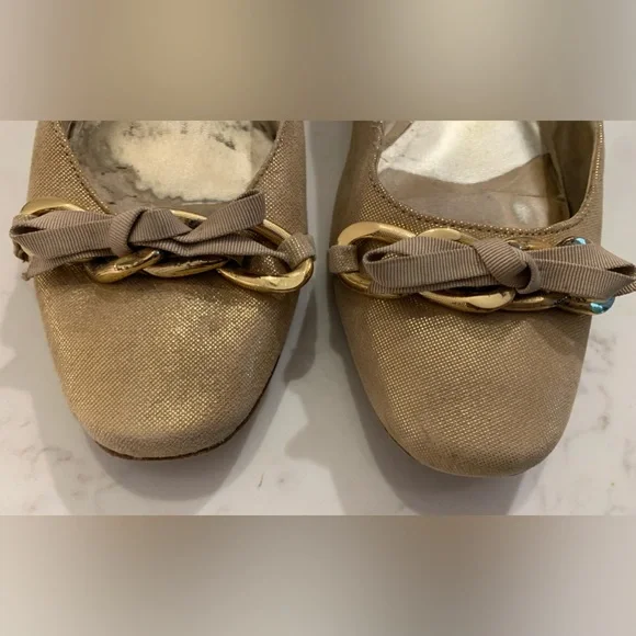 Nina Flats with Chain & Bow Detail in Glitter Fabric and Leather - Picture 2 of 7